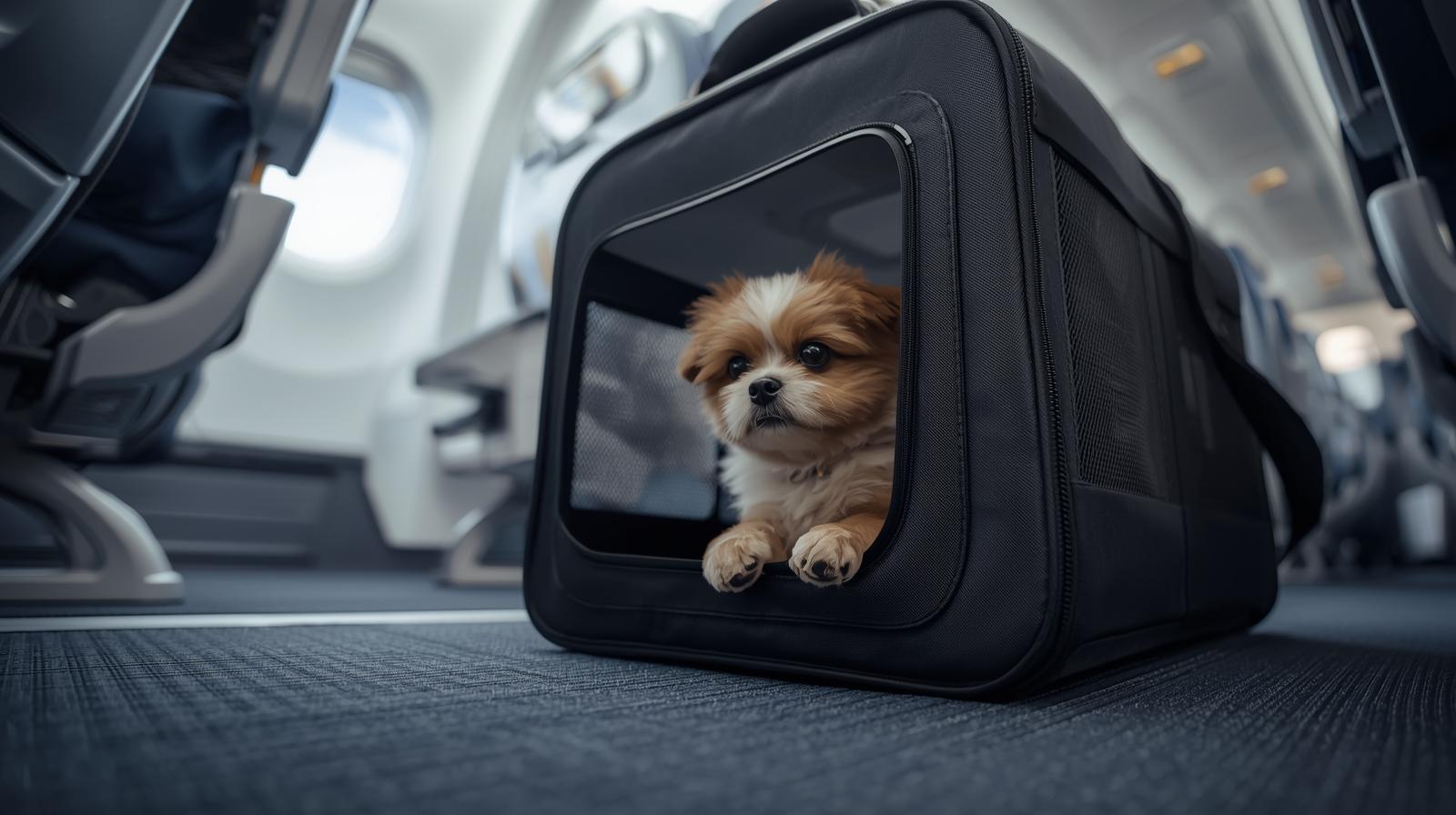 A small dog in a carrier inside an airplane cabin