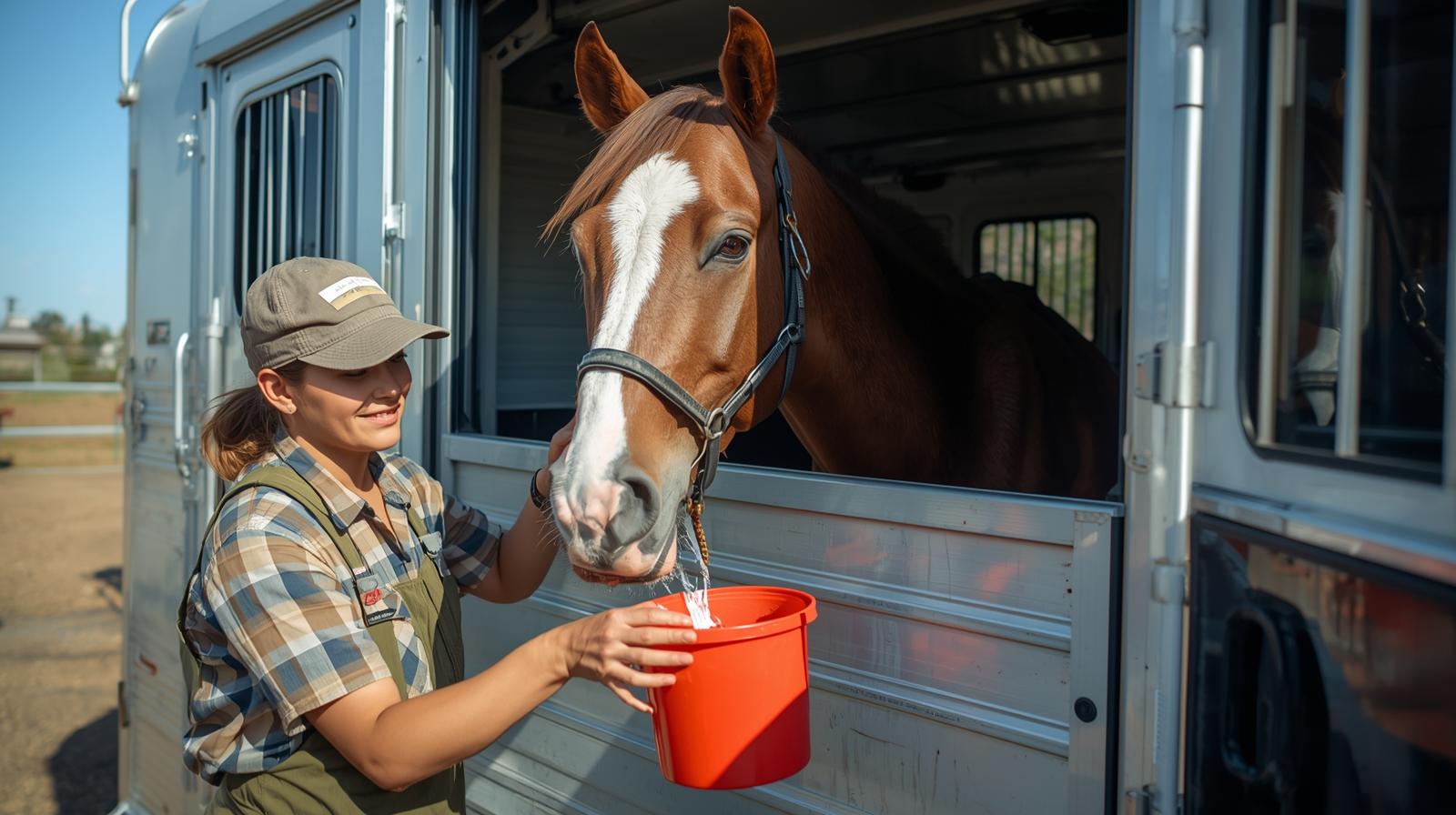 A driver giving water to a horse in a trailer during a rest stop